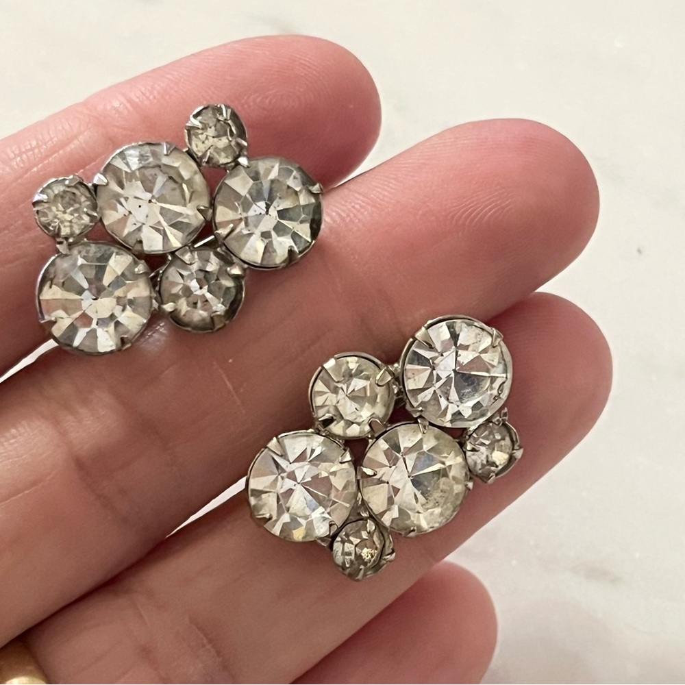 Vintage Rhinestone Earrings Cubic Zirconia Silver Tone Screw Back Earrings